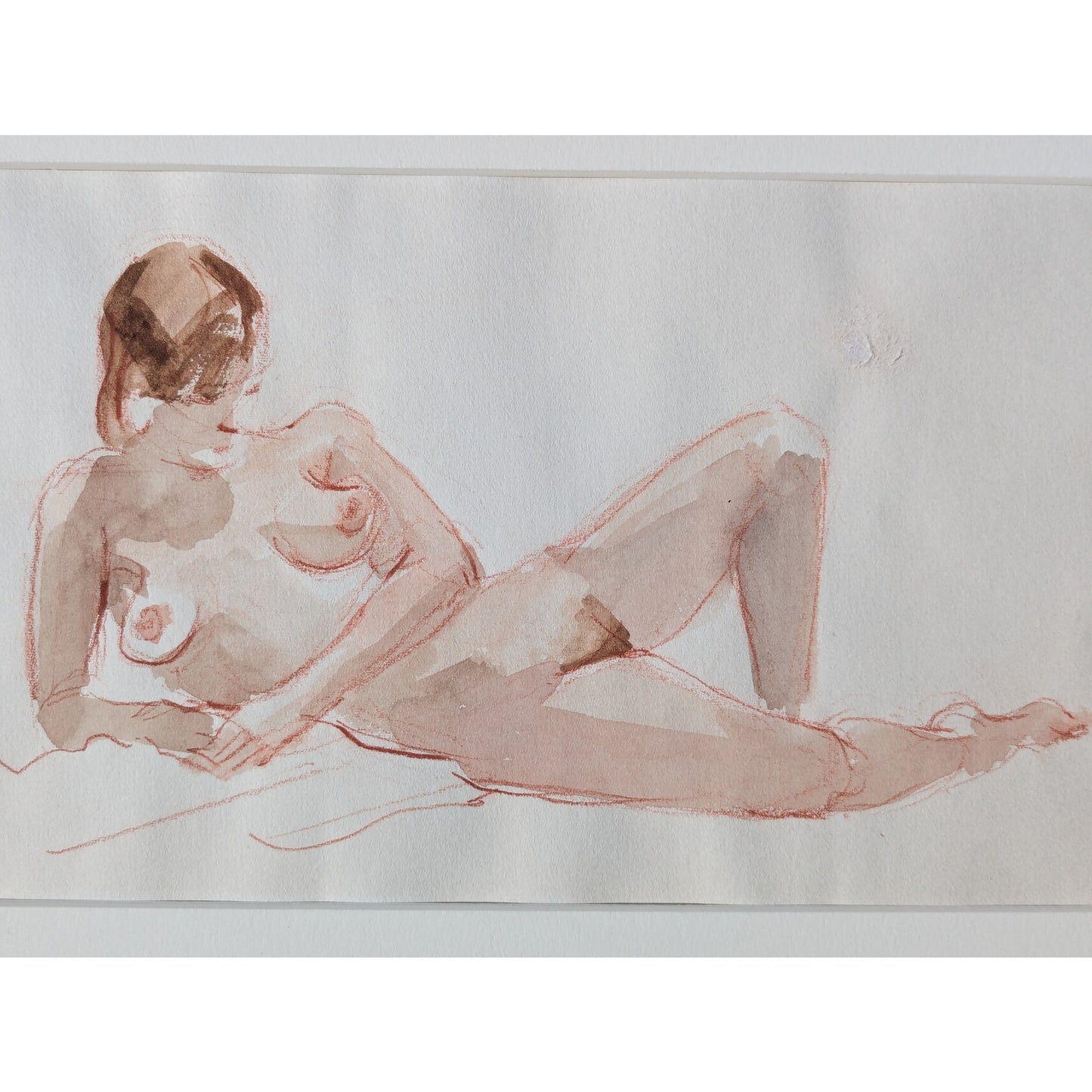 Reclining Female Nude | Mid-20th Century | Watercolor and Red Chalk