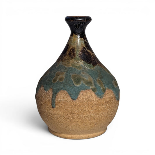Studio Pottery Bottle Vase | c. 1980 | Turquoise Drip over Tenmoku
