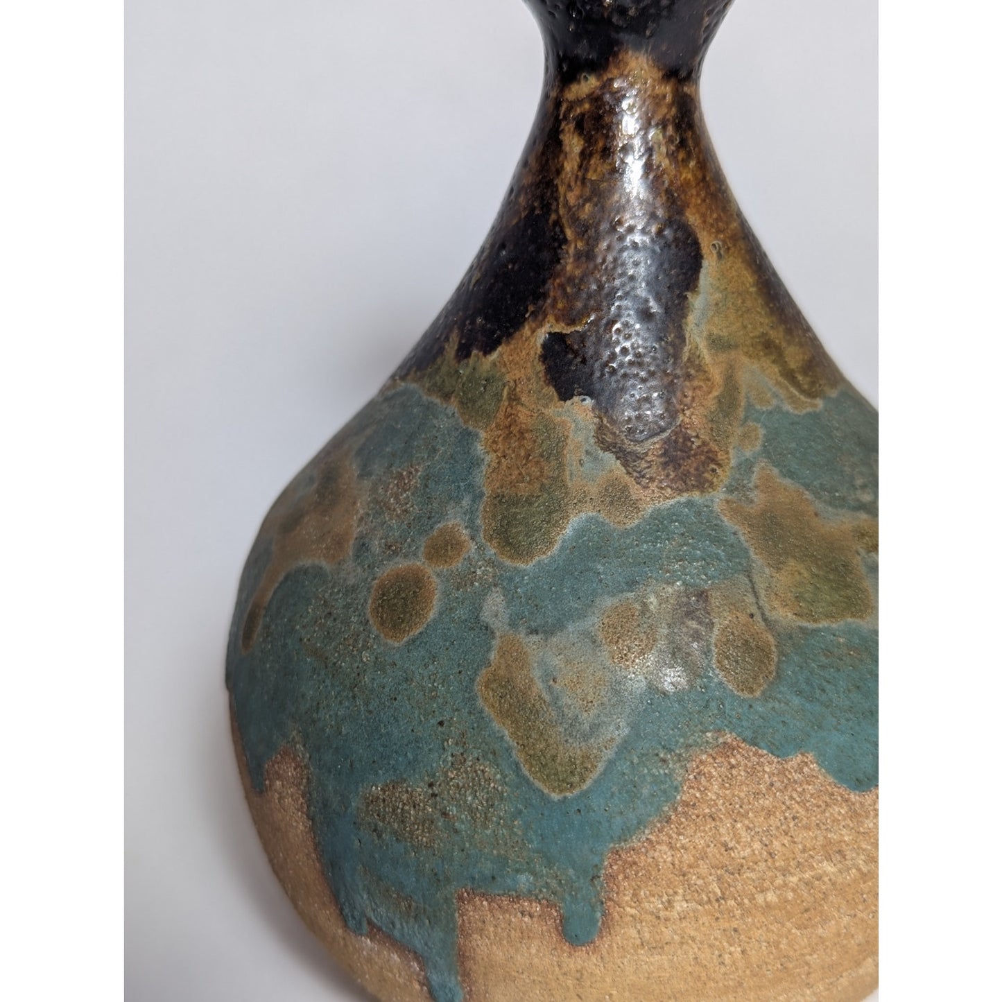 Studio Pottery Bottle Vase | c. 1980 | Turquoise Drip over Tenmoku