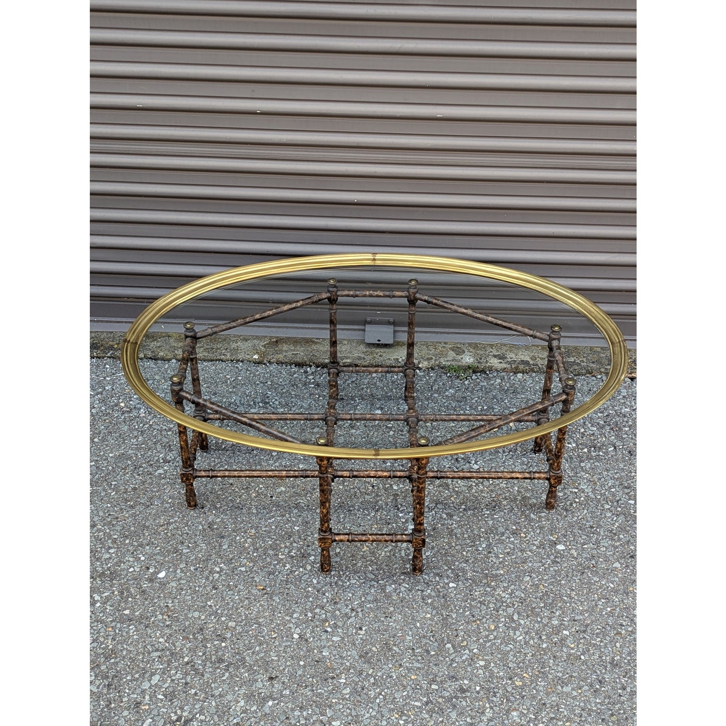 Baker Attributed Oval Faux Bamboo Coffee Table | c. 1970s | Brass and Glass
