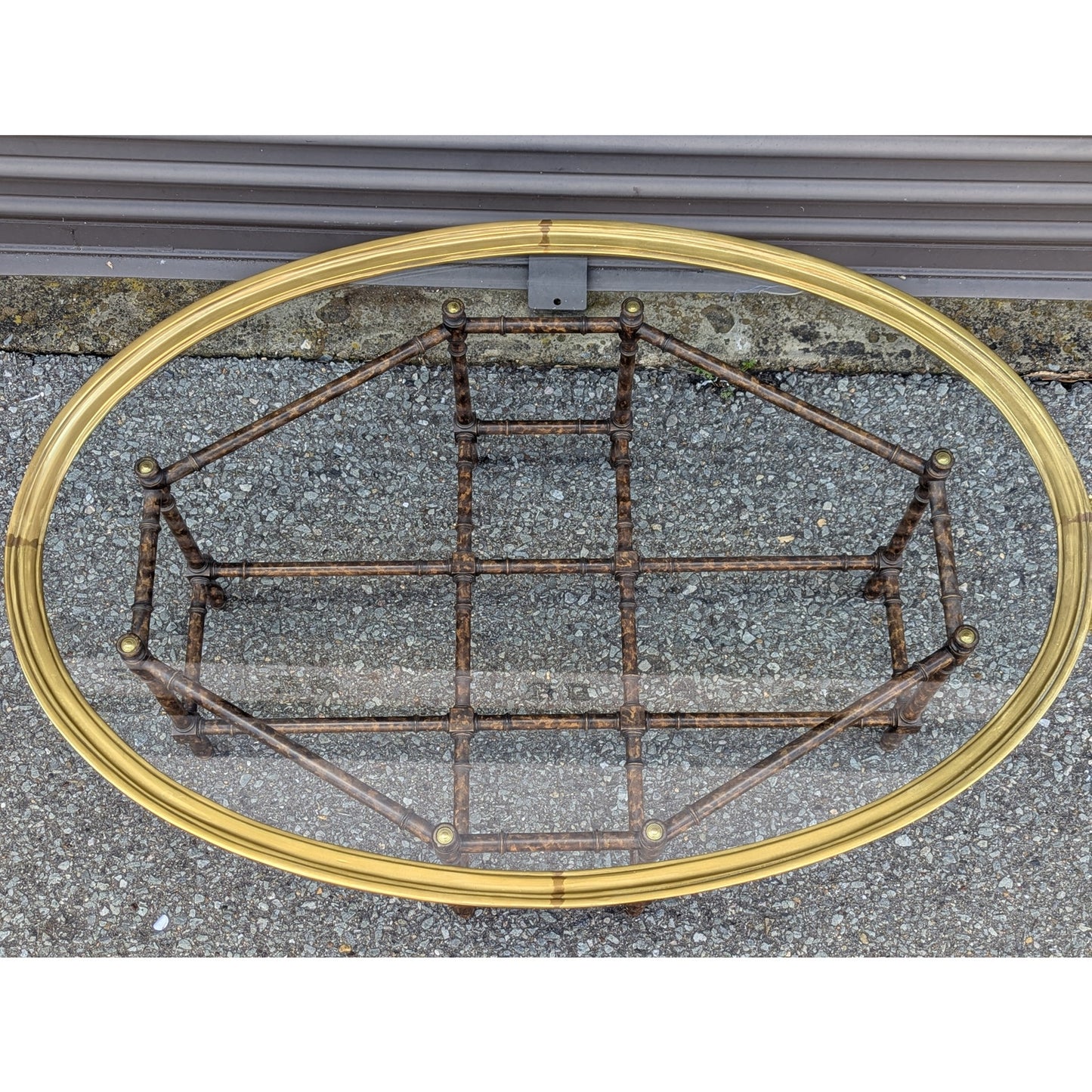 Baker Attributed Oval Faux Bamboo Coffee Table | c. 1970s | Brass and Glass