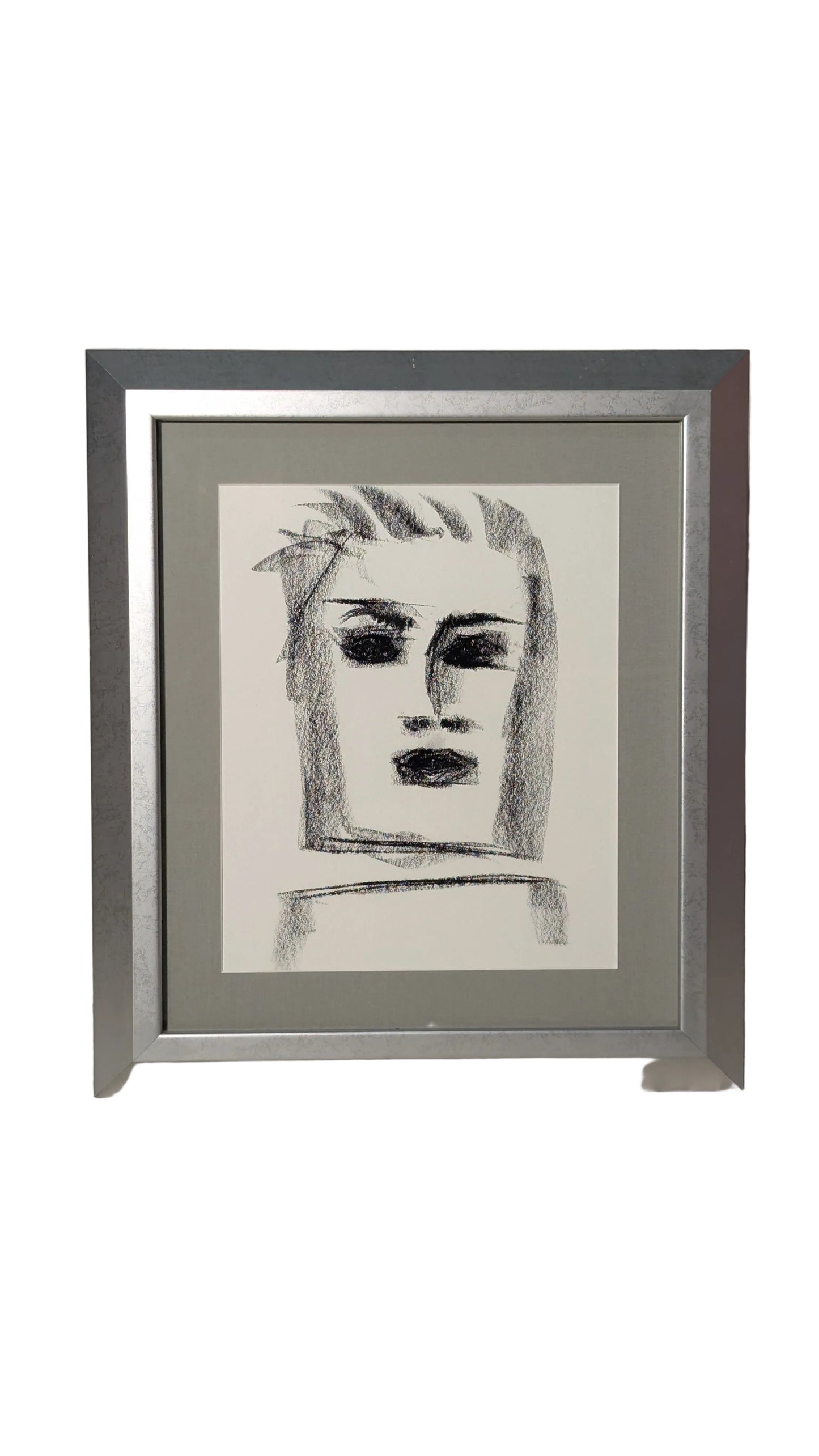 Framed Modernist Expressionist Portrait Drawing on Paper