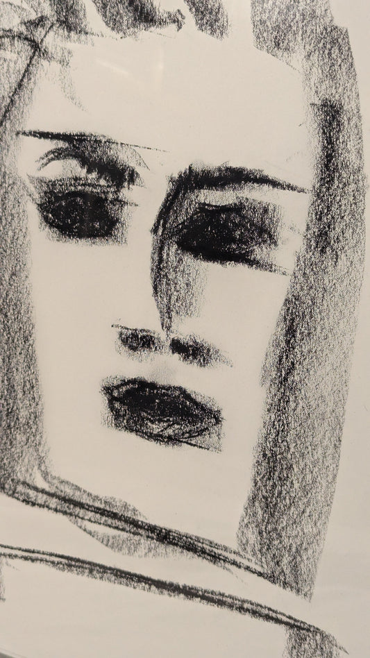 Framed Modernist Expressionist Portrait Drawing on Paper