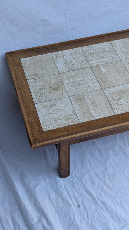 1970s Travertine & Wood Coffee Table