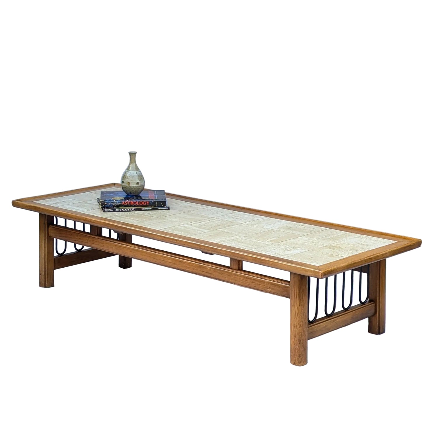 1970s Travertine & Wood Coffee Table