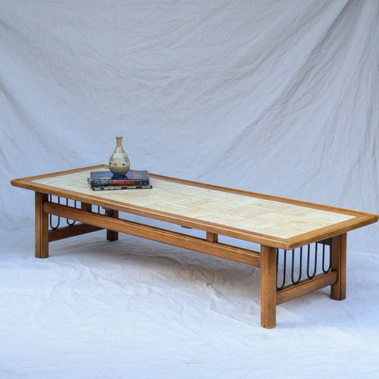 1970s Travertine & Wood Coffee Table