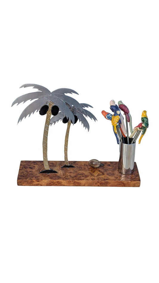 Art Deco Chrome & Burlwood Cocktail Pick Set, American, 1930s