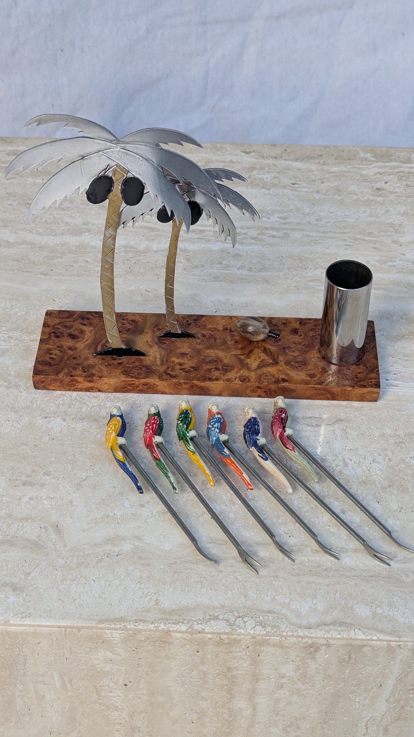 Art Deco Chrome & Burlwood Cocktail Pick Set, American, 1930s