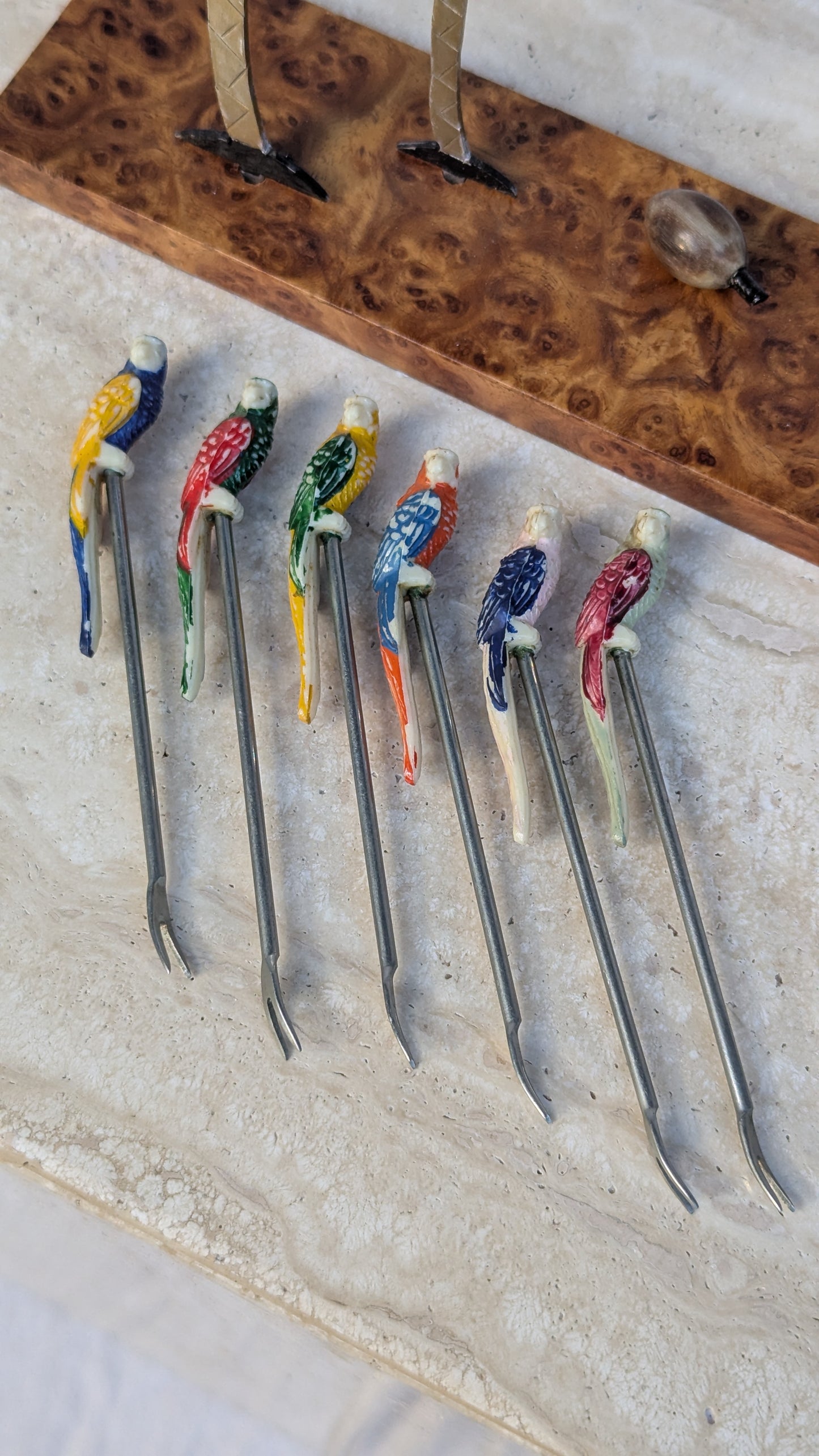 Art Deco Chrome & Burlwood Cocktail Pick Set, American, 1930s
