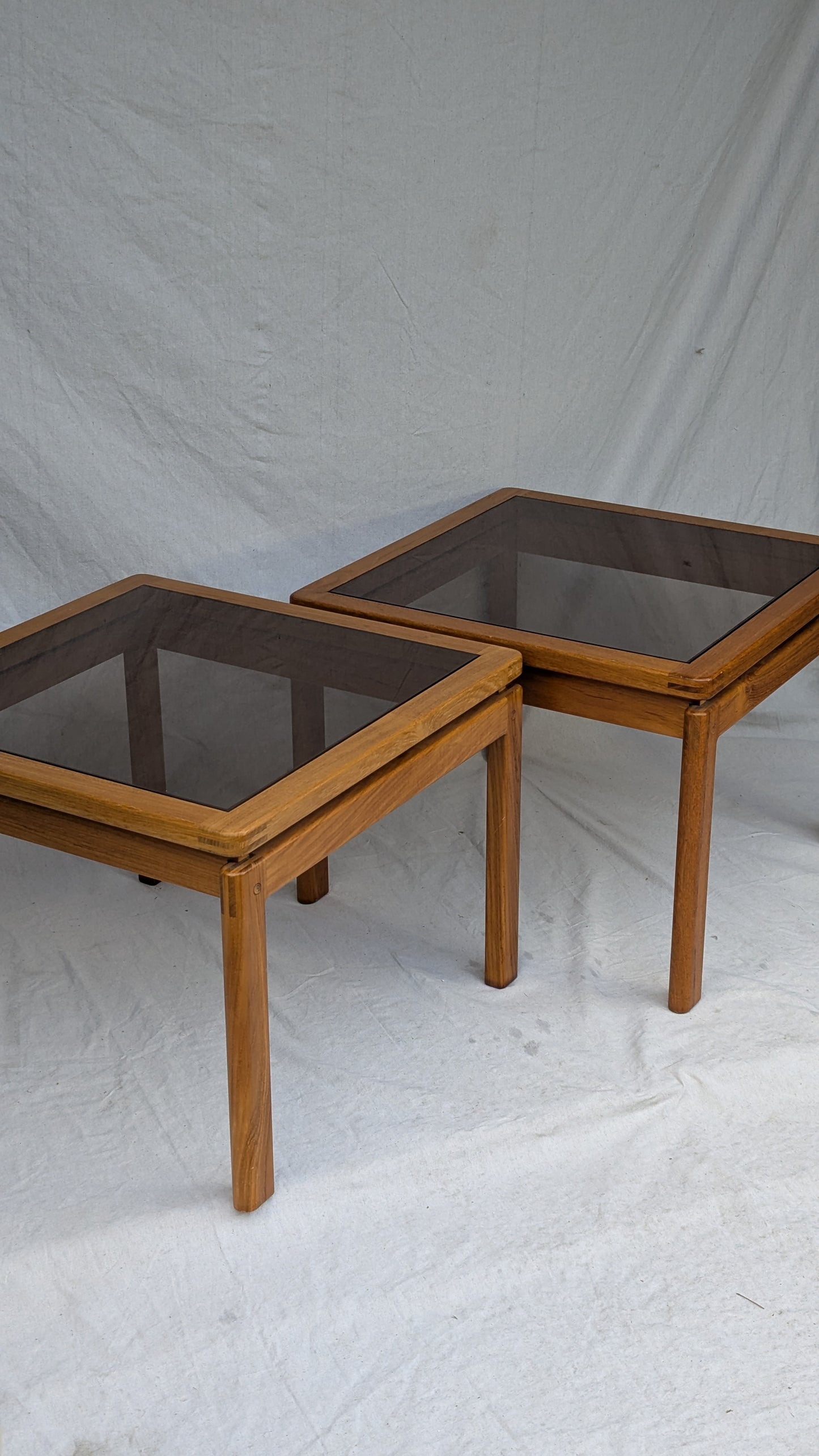 Pair of Solid Teak & Smoked Glass Tables by Kristiansen & Thomassen