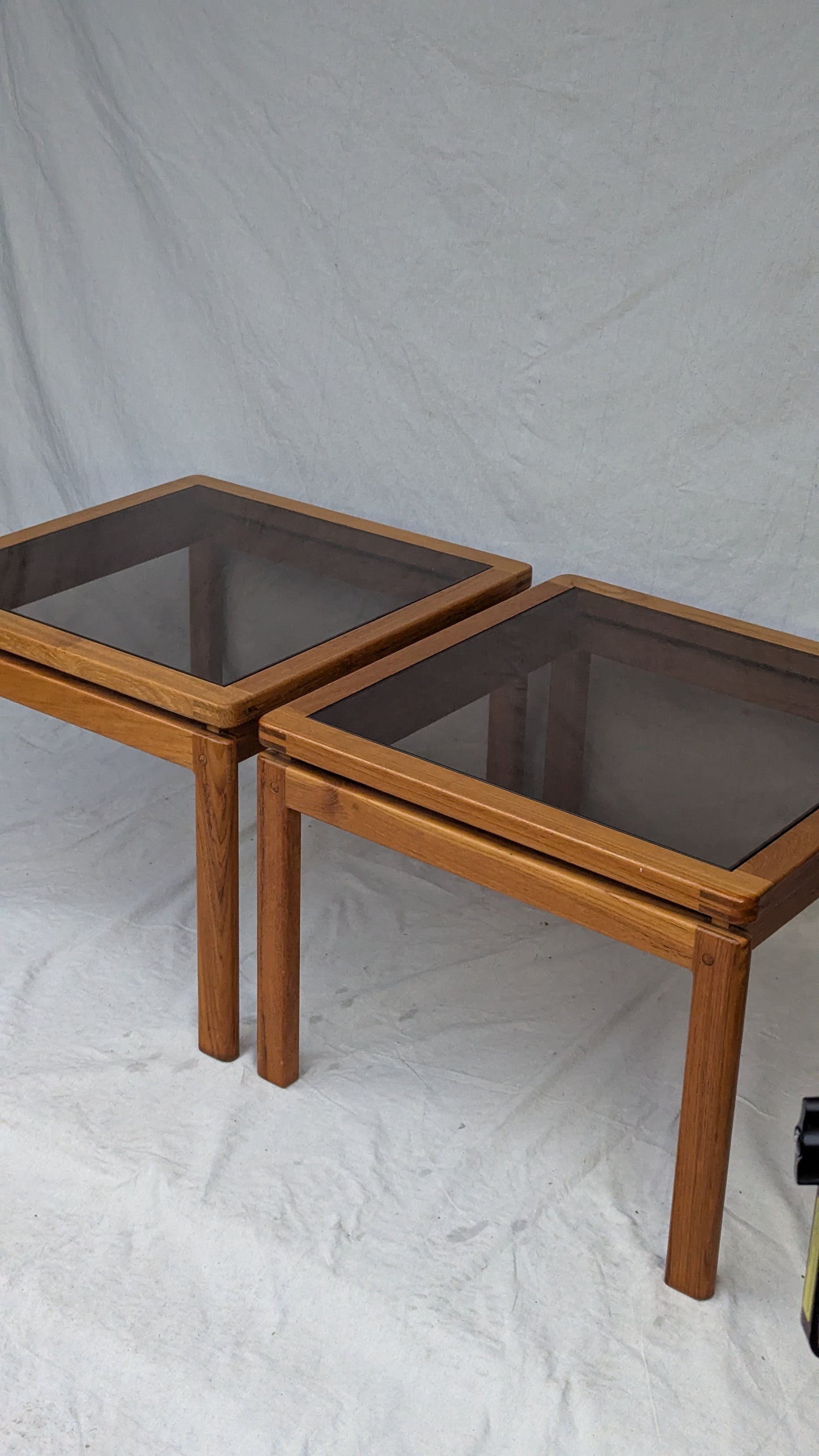 Pair of Solid Teak & Smoked Glass Tables by Kristiansen & Thomassen