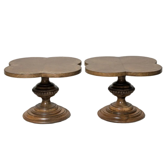 Pair of Burl Wood Quatrefoil Pedestal Side Tables