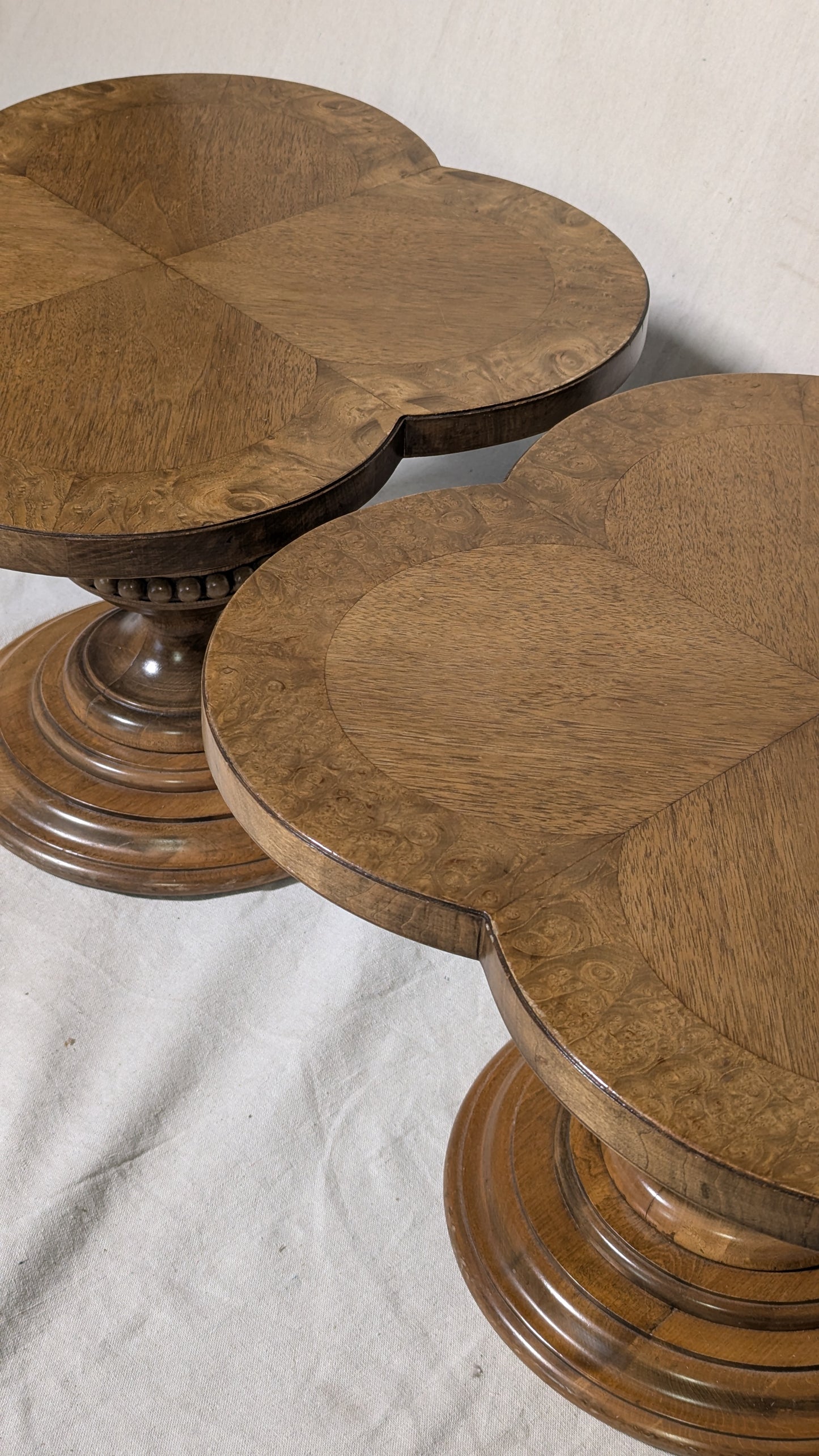 Pair of Burl Wood Quatrefoil Pedestal Side Tables