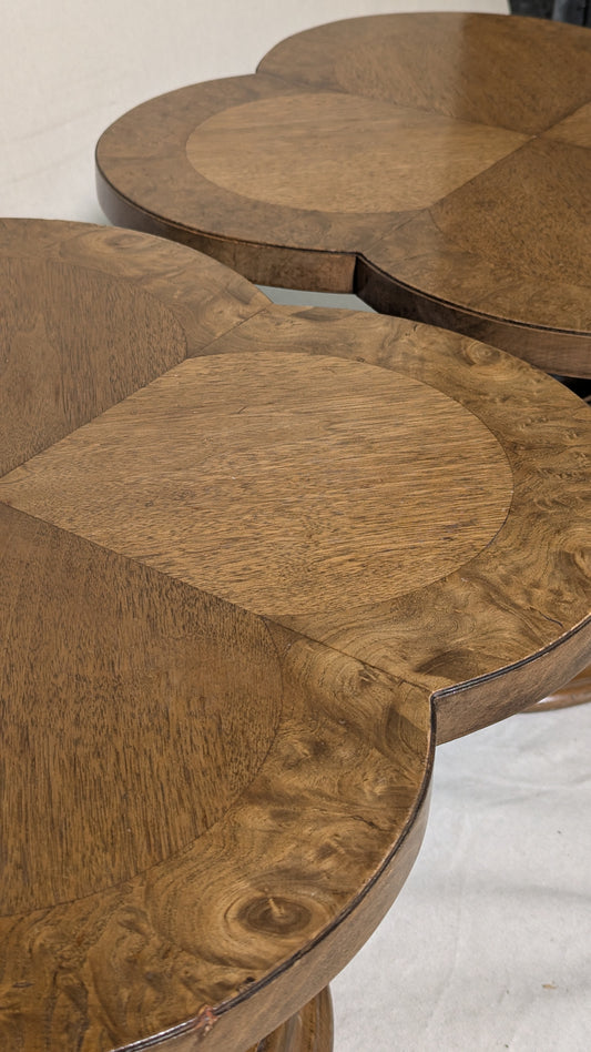 Pair of Burl Wood Quatrefoil Pedestal Side Tables