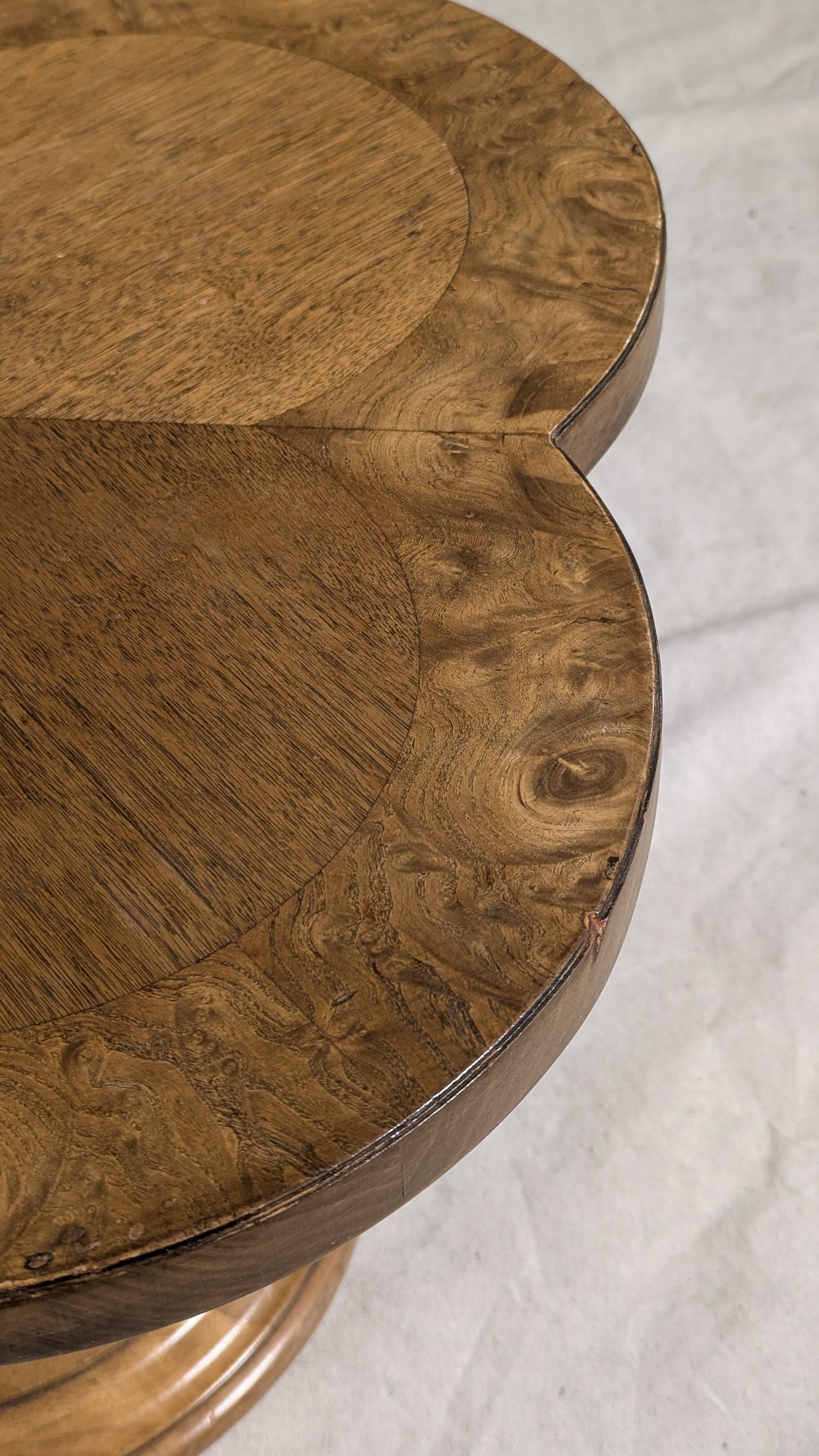 Pair of Burl Wood Quatrefoil Pedestal Side Tables