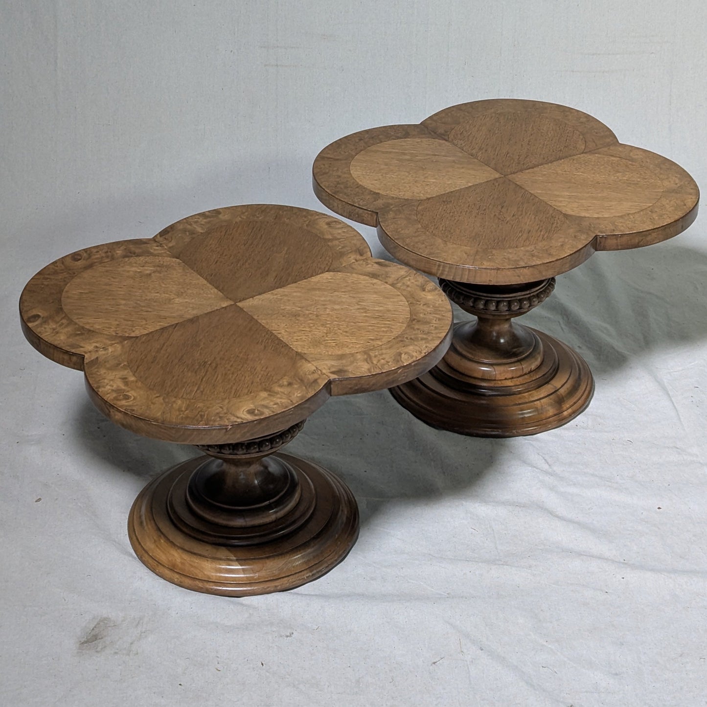 Pair of Burl Wood Quatrefoil Pedestal Side Tables