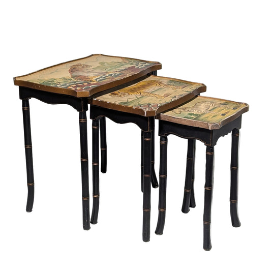 Nesting Tables, Set of 3 - Hand-Painted Wildlife - Faux Bamboo