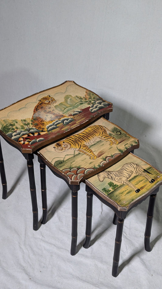 Nesting Tables, Set of 3 - Hand-Painted Wildlife - Faux Bamboo