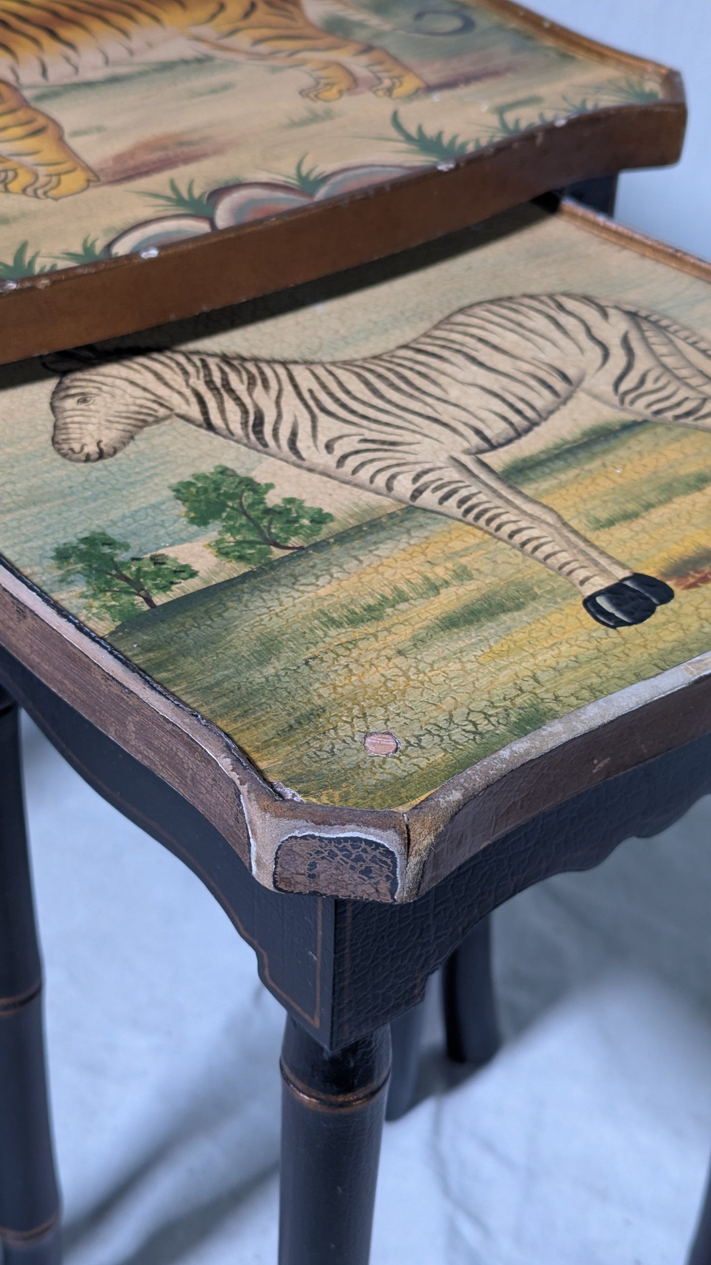 Nesting Tables, Set of 3 - Hand-Painted Wildlife - Faux Bamboo