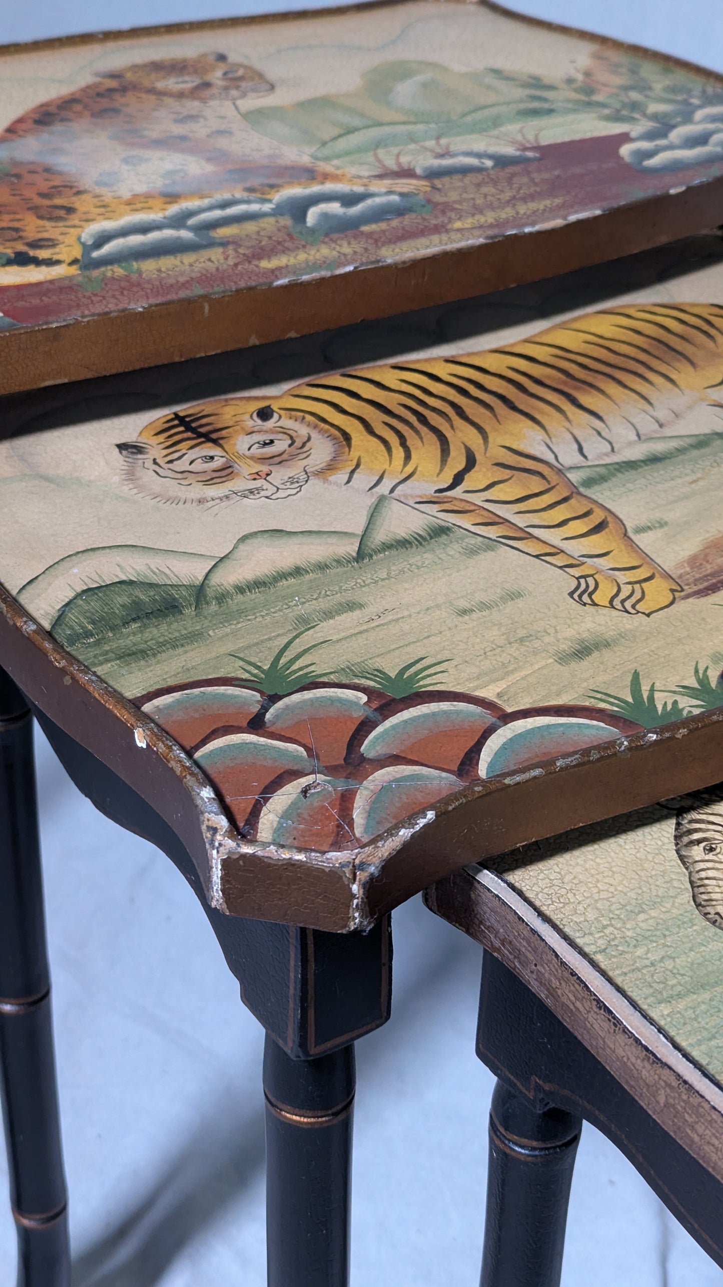 Nesting Tables, Set of 3 - Hand-Painted Wildlife - Faux Bamboo