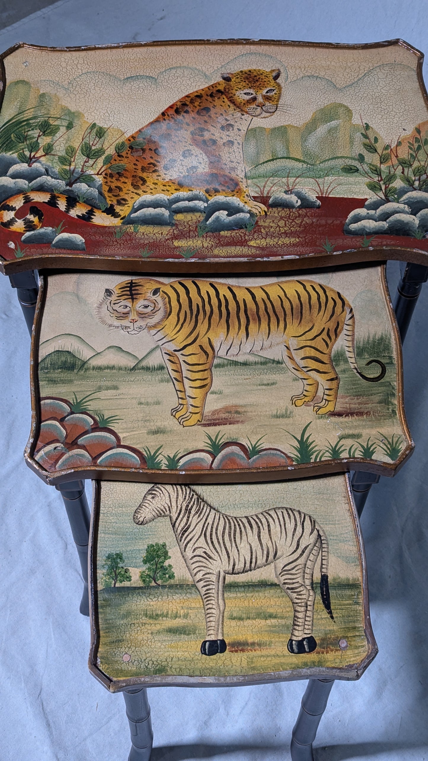 Nesting Tables, Set of 3 - Hand-Painted Wildlife - Faux Bamboo