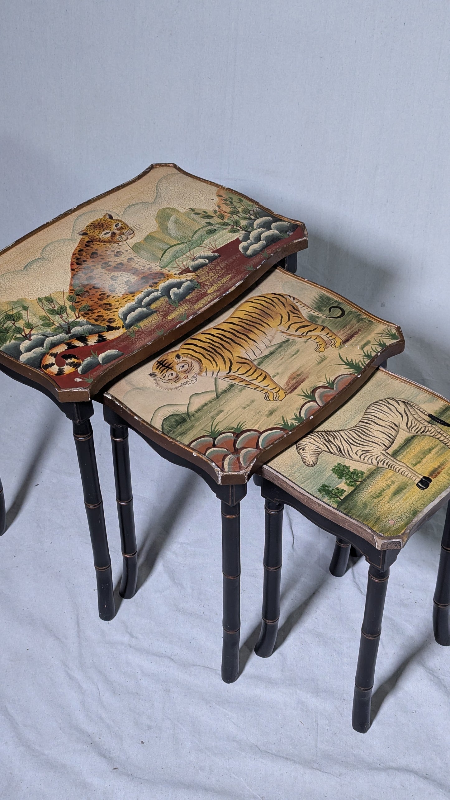 Nesting Tables, Set of 3 - Hand-Painted Wildlife - Faux Bamboo