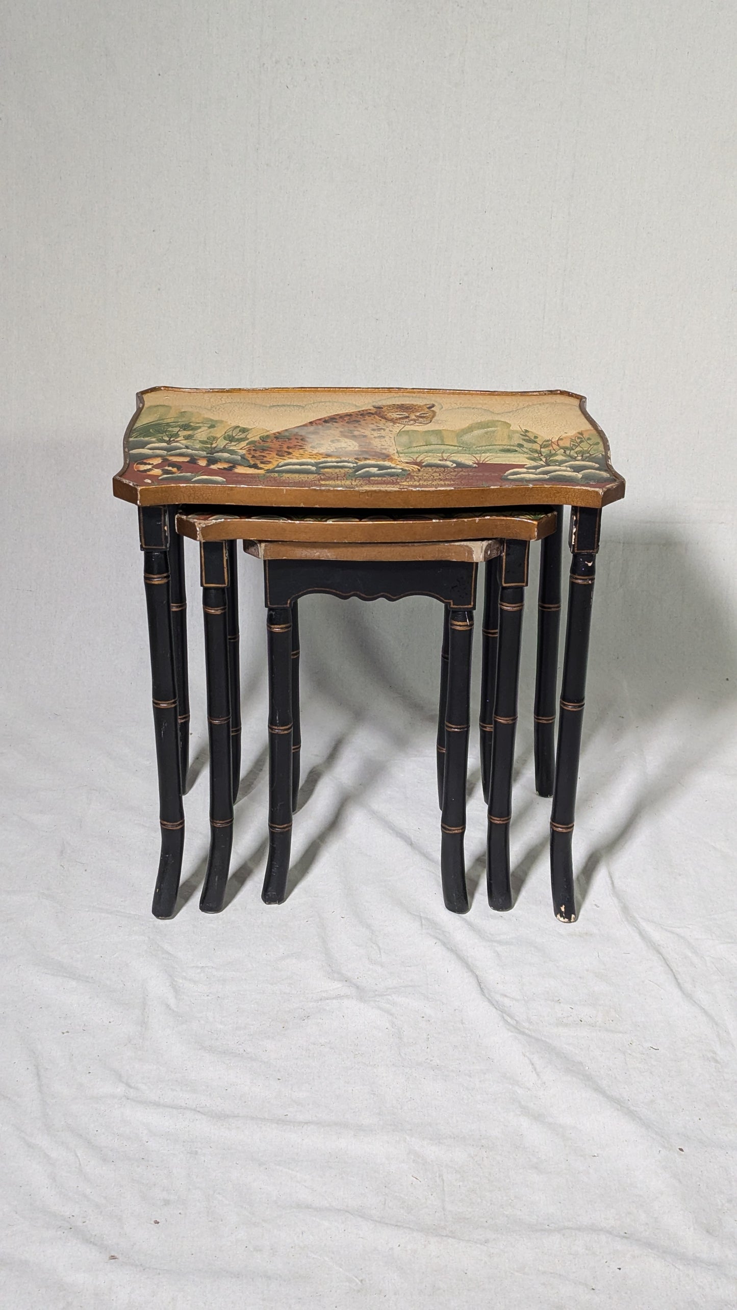Nesting Tables, Set of 3 - Hand-Painted Wildlife - Faux Bamboo