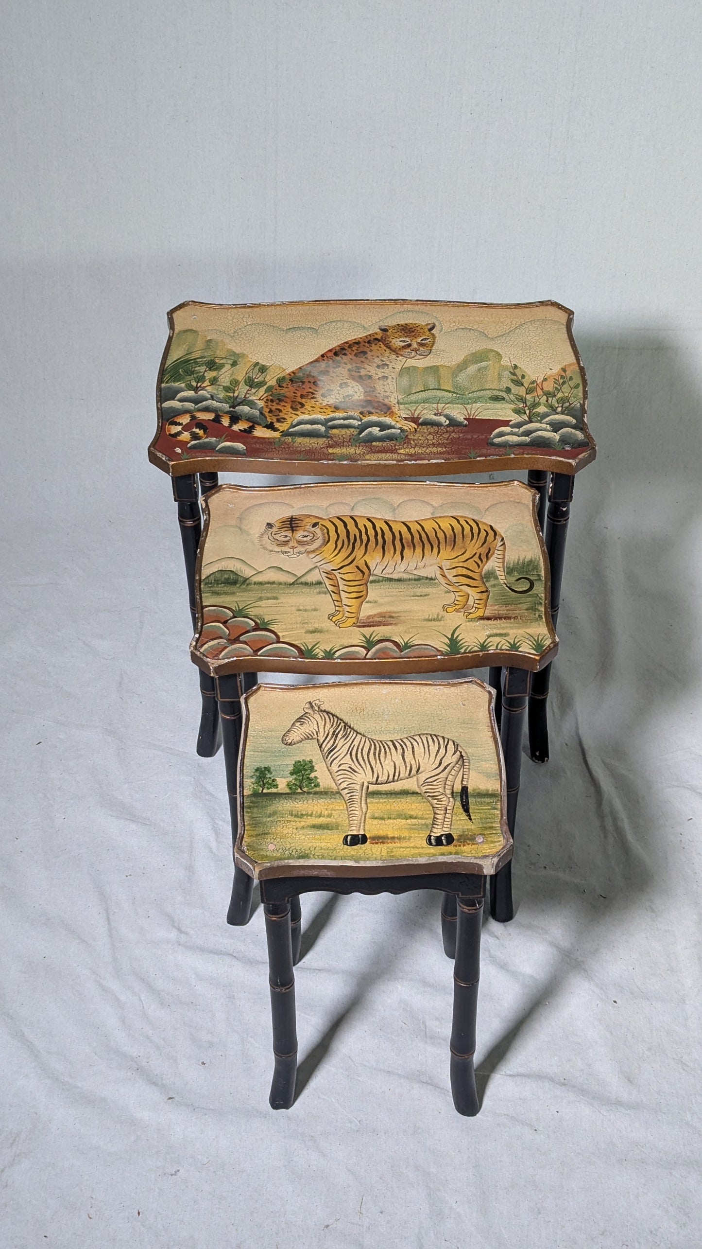 Nesting Tables, Set of 3 - Hand-Painted Wildlife - Faux Bamboo