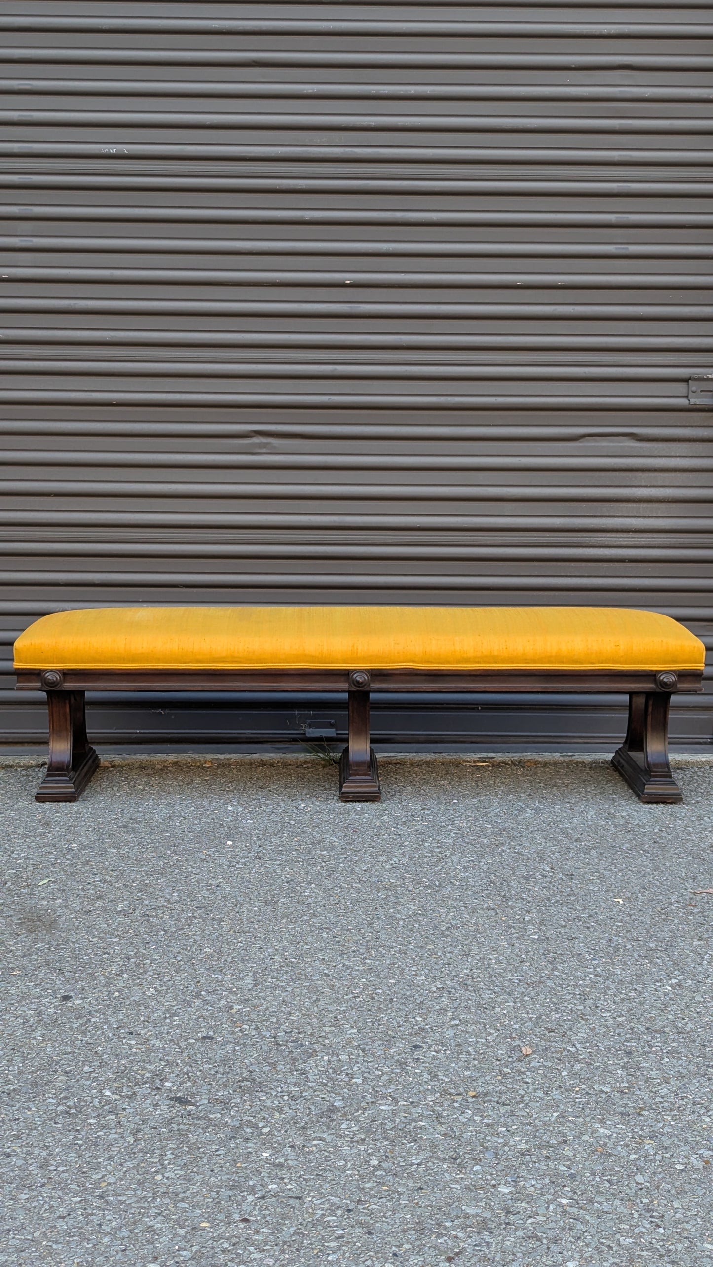 Neoclassical Silk Bench | Ebonized Wood Trestle Base