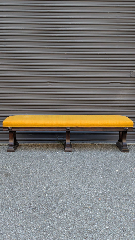 Neoclassical Silk Bench | Ebonized Wood Trestle Base