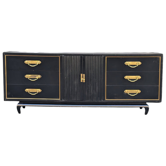 American of Martinsville Chinoiserie Credenza | c. 1960s | Black Lacquer & Brass