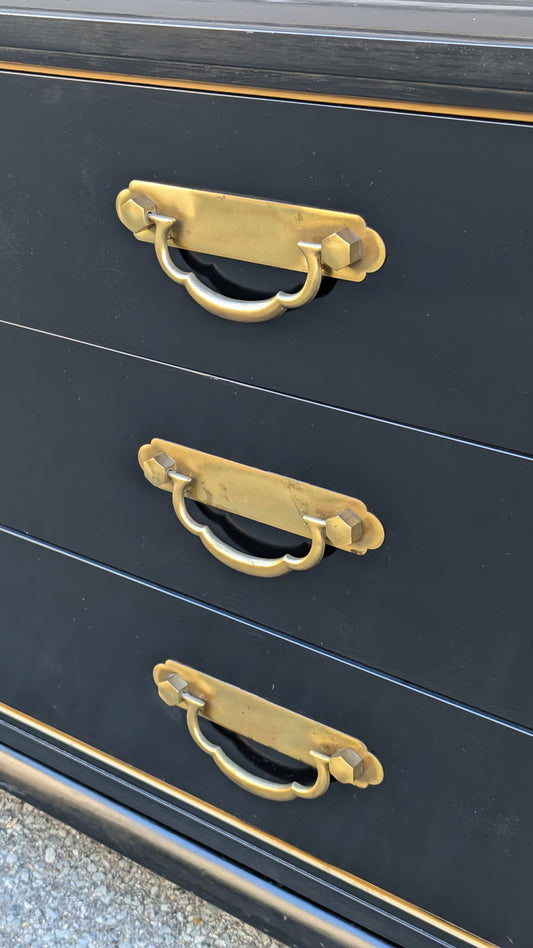 American of Martinsville Chinoiserie Credenza | c. 1960s | Black Lacquer & Brass