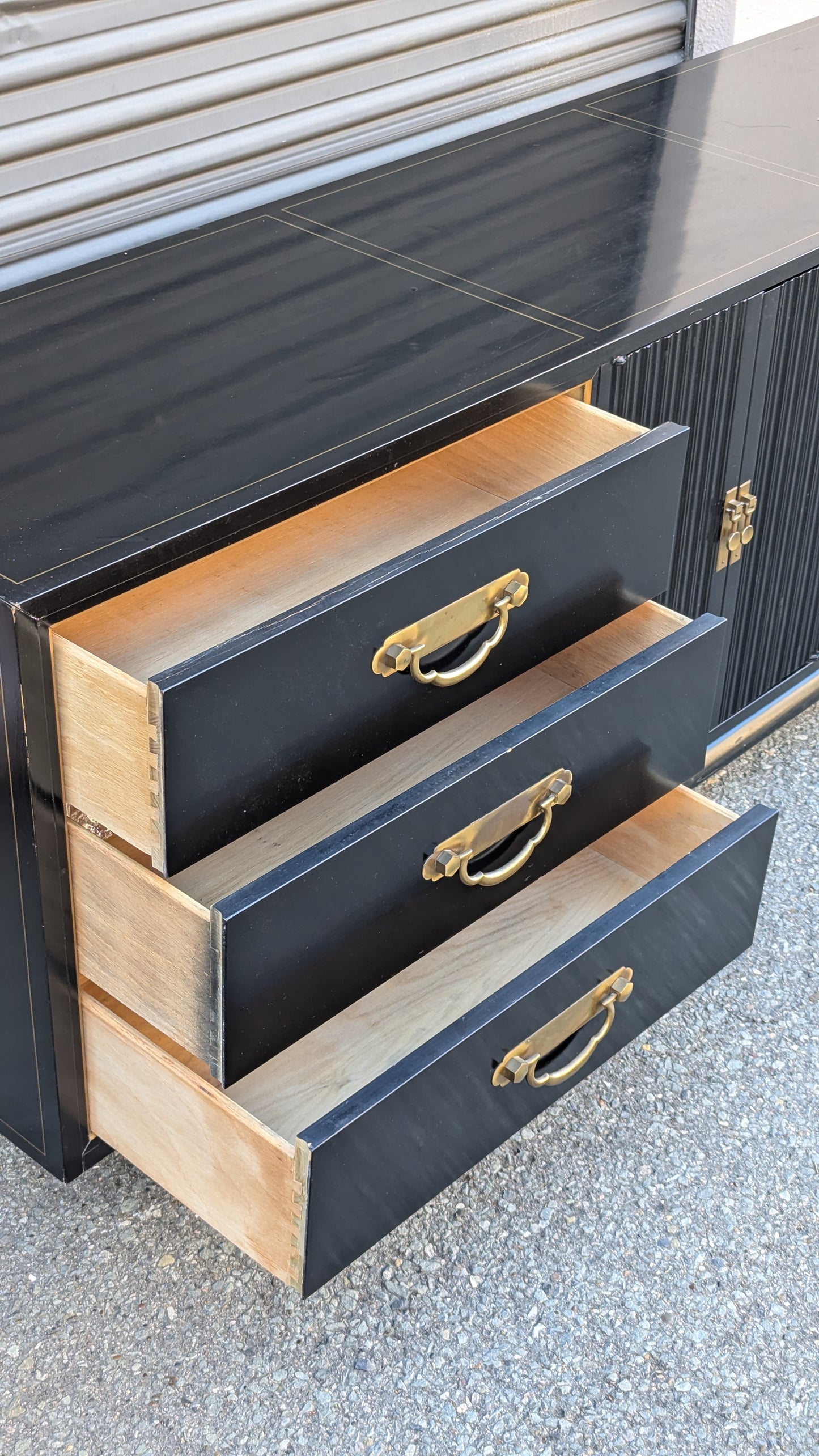 American of Martinsville Chinoiserie Credenza | c. 1960s | Black Lacquer & Brass
