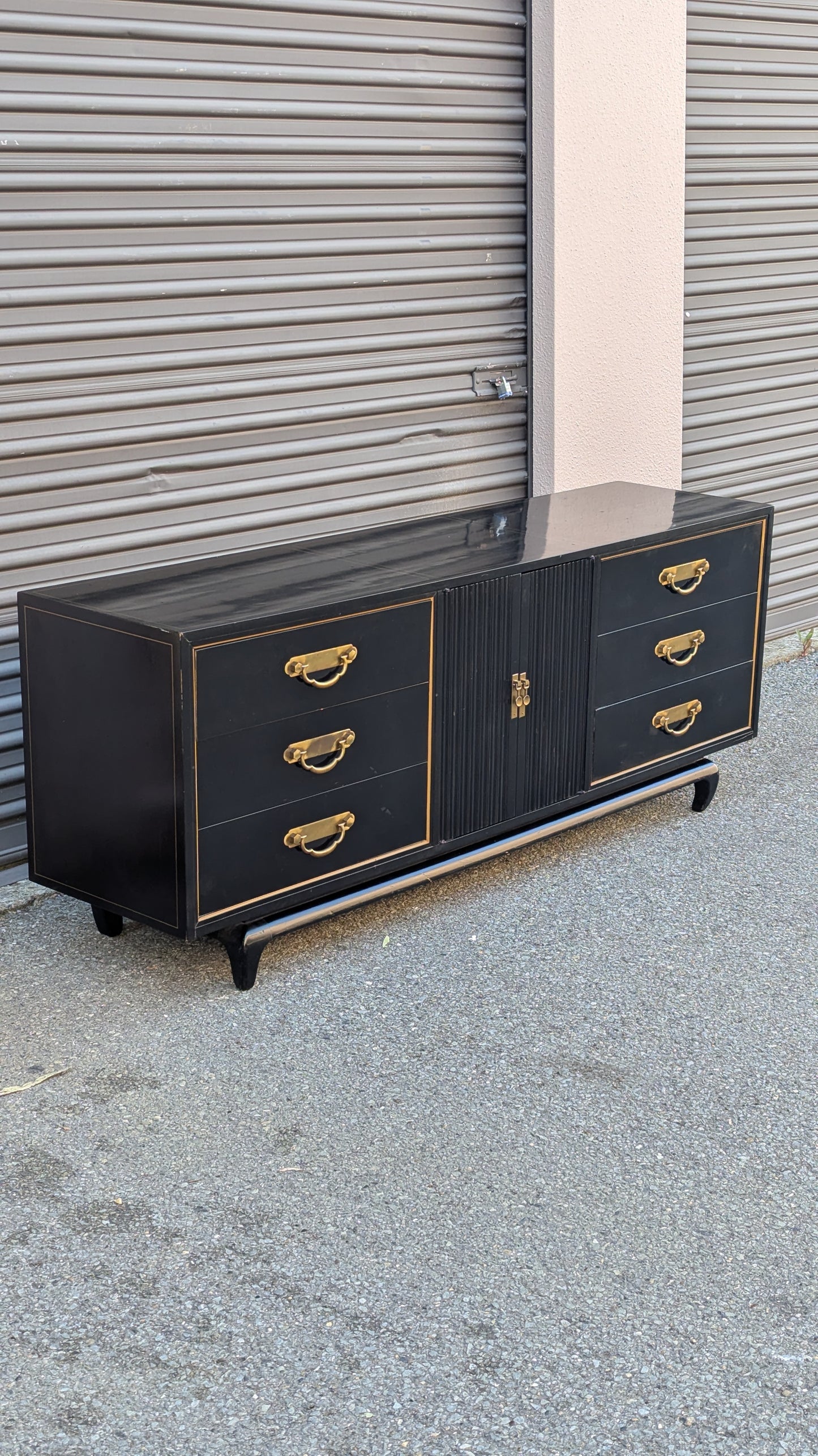 American of Martinsville Chinoiserie Credenza | c. 1960s | Black Lacquer & Brass