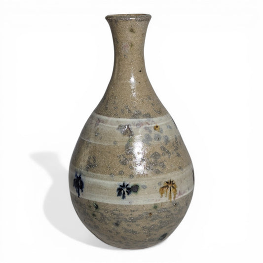 Japanese Mingei Stoneware Bottle Vase, Painted Floral