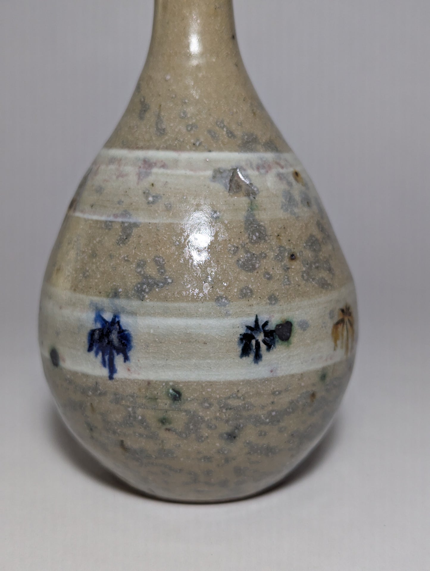 Japanese Mingei Stoneware Bottle Vase, Painted Floral
