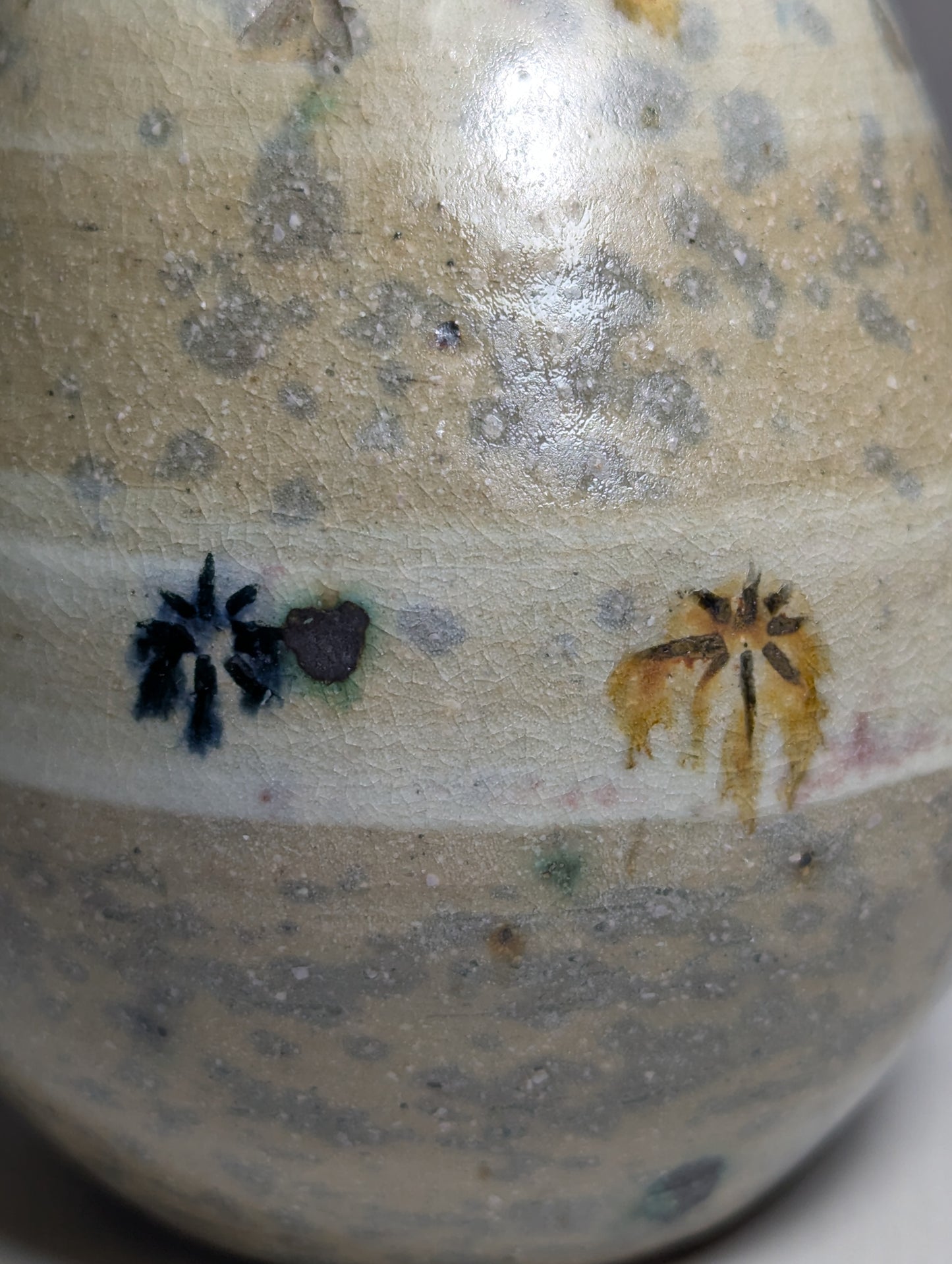 Japanese Mingei Stoneware Bottle Vase, Painted Floral