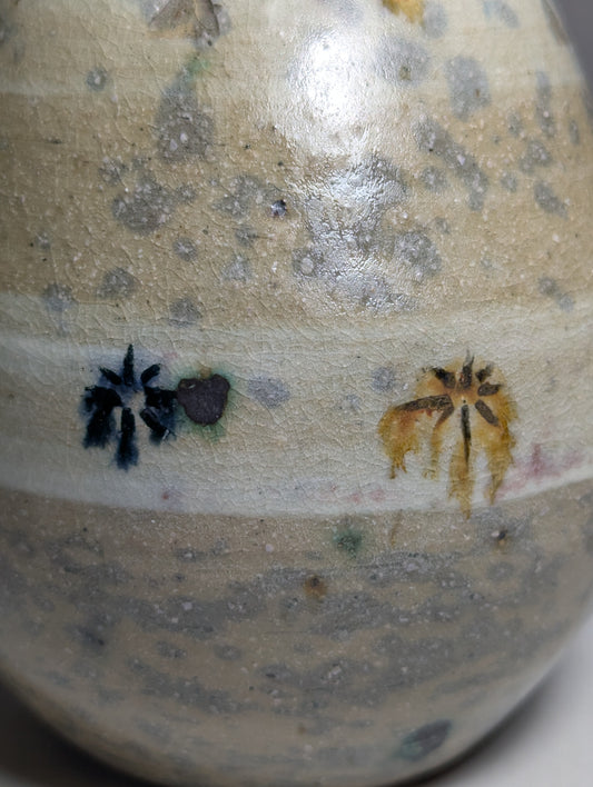 Japanese Mingei Stoneware Bottle Vase, Painted Floral