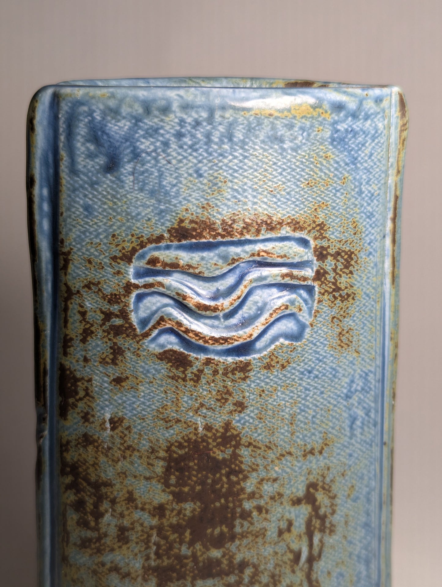 Blue Slab Vase | Textile Texture | Studio Pottery with Wave Motif