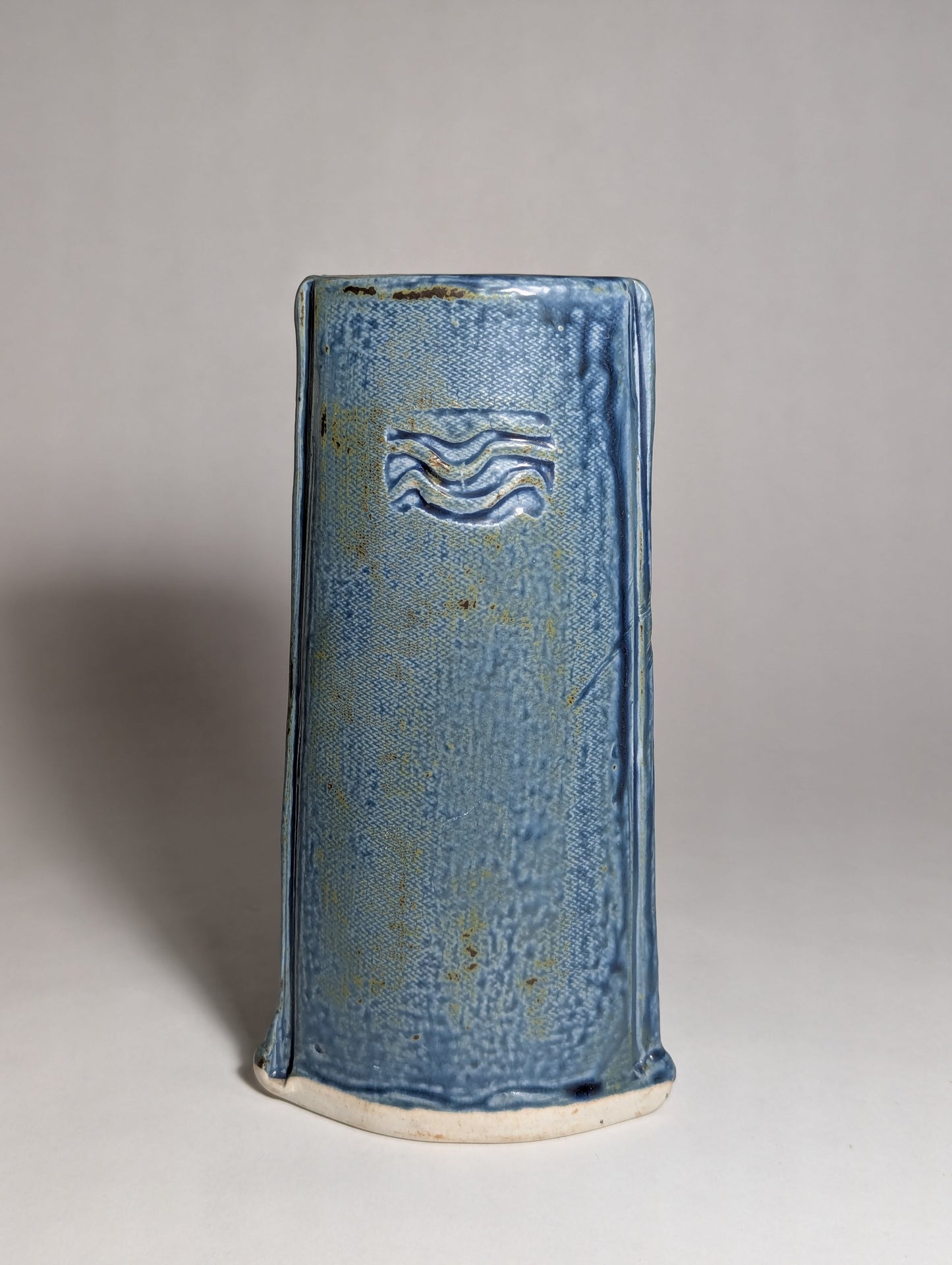 Blue Slab Vase | Textile Texture | Studio Pottery with Wave Motif