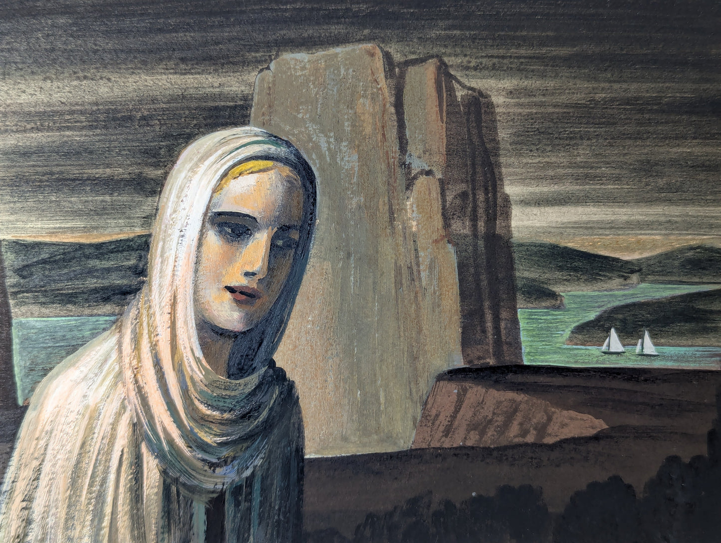 Draped Figure in Dark Landscape | 1941 | Tempera on Paper