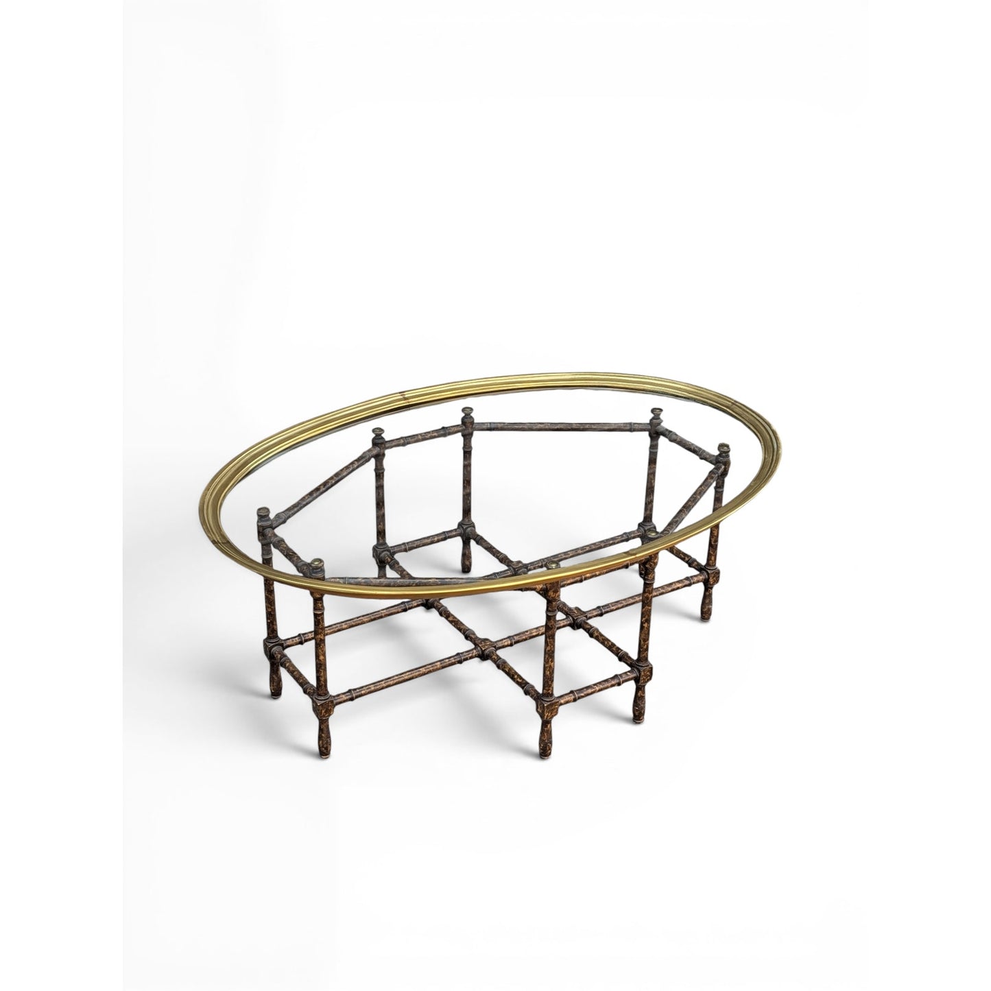 Baker Attributed Oval Faux Bamboo Coffee Table | c. 1970s | Brass and Glass