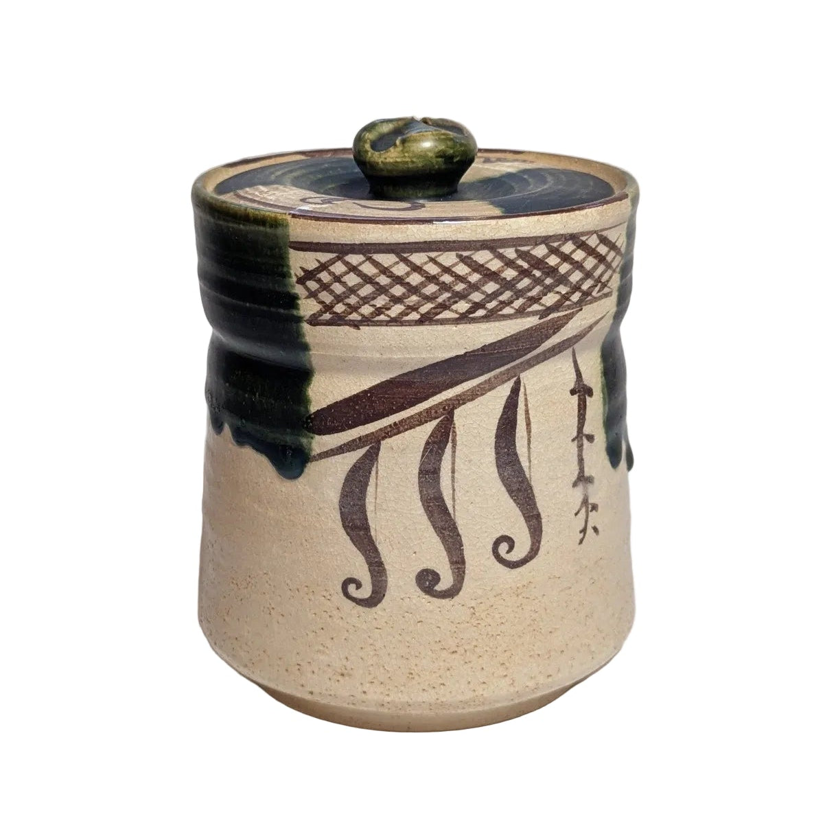 Japanese Ao-Oribe Lidded Jar | c. 1950s | Green Copper Glaze