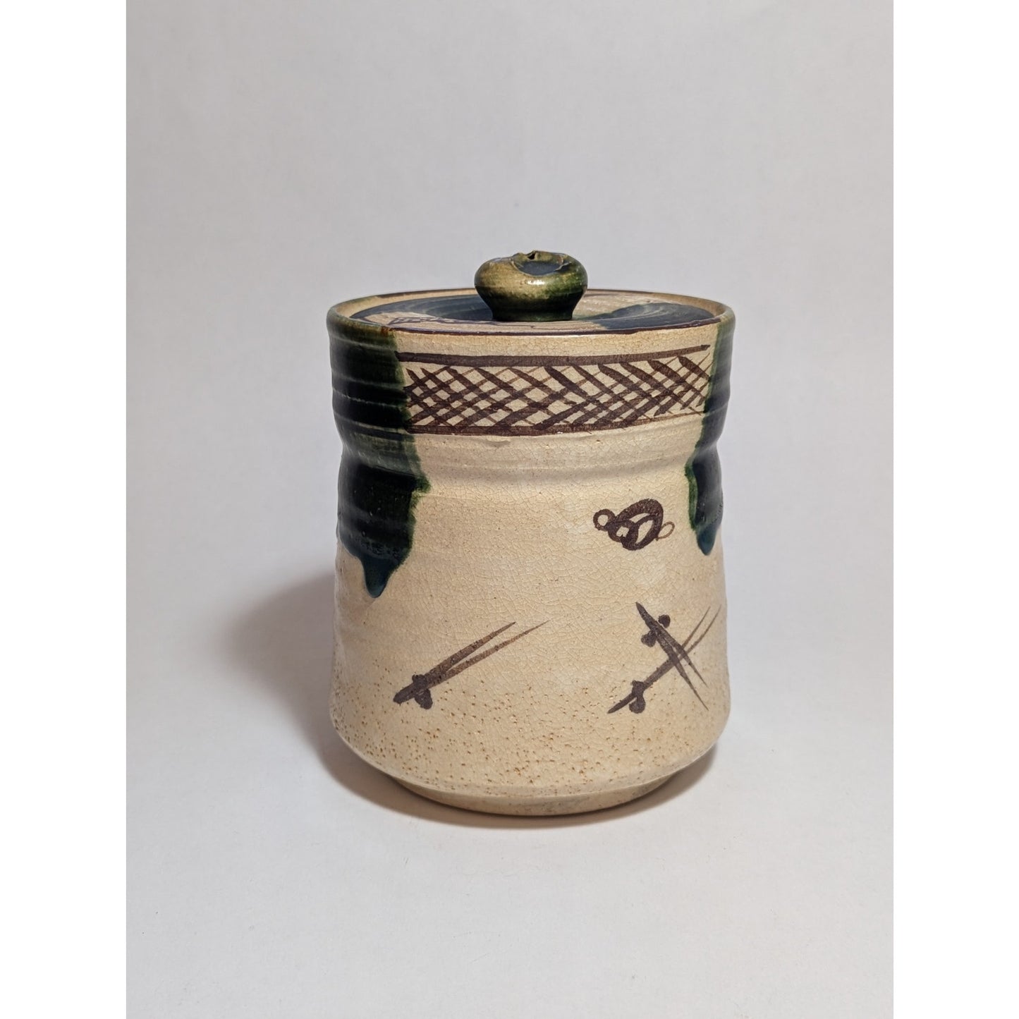 Japanese Ao-Oribe Lidded Jar | c. 1950s | Green Copper Glaze