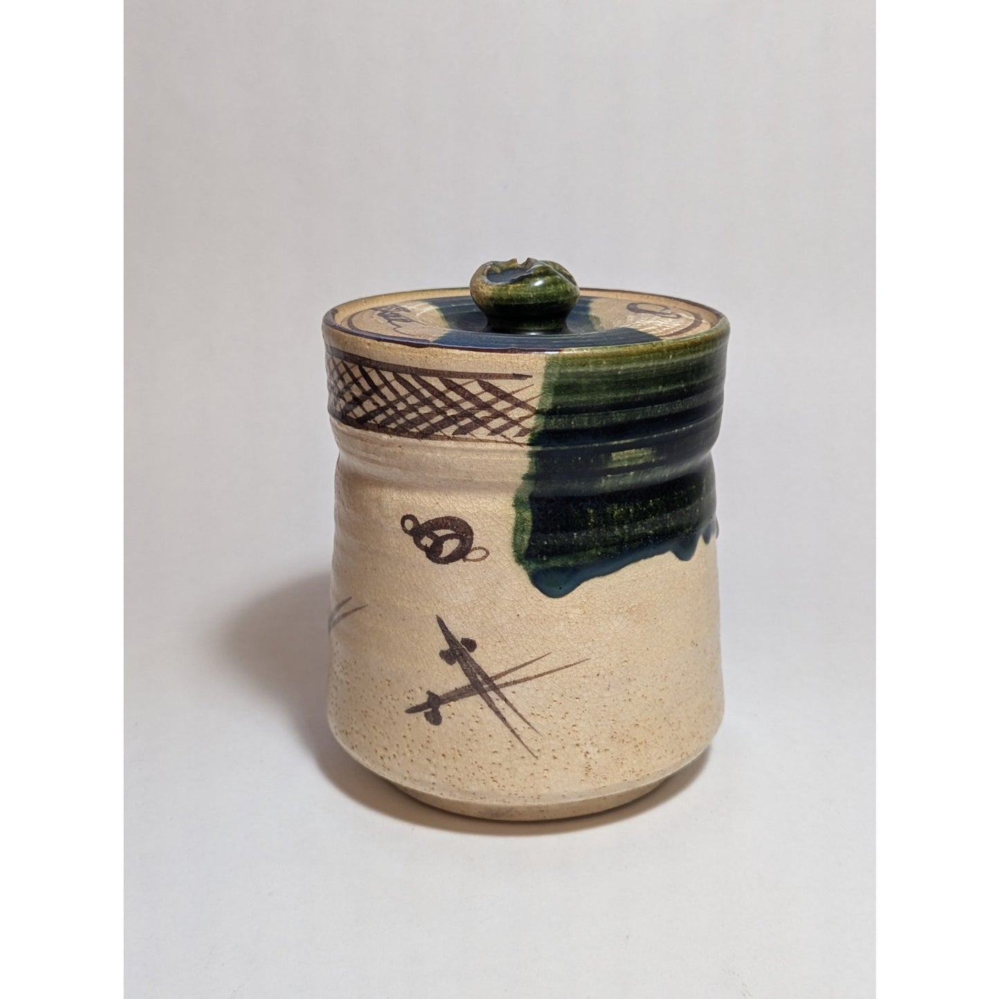 Japanese Ao-Oribe Lidded Jar | c. 1950s | Green Copper Glaze
