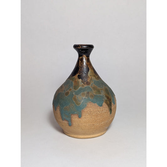 Studio Pottery Bottle Vase | c. 1980 | Turquoise Drip over Tenmoku